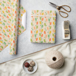 Papier Cadeau Retro 1970 Folk Art Green et Orange Feuille