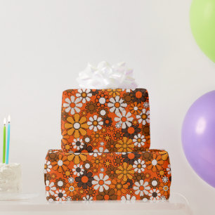 Papier Cadeau Rétro 70 Boho Fleurs Marron Orange Cadeau