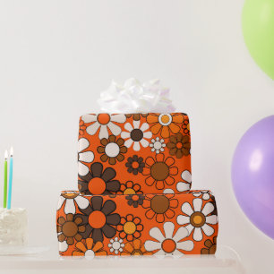 Papier Cadeau Rétro Anniversaire 70s Bohème Floral Marron Orange