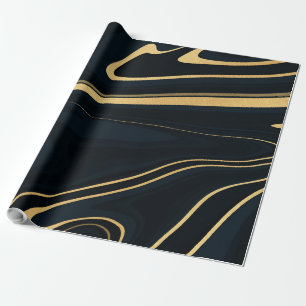 Papier Cadeau Retro Blue Gold Swirl Liquid Painting Design