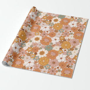 Papier Cadeau Retro Boho Terracotta Floral Fleurs Bohème