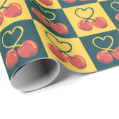 Papier Cadeau Retro Cherry Heart Shaped Stems Teal Mustard Check (Coin rond)