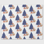 Papier Cadeau Retro Christmas Fox Illustration bleu rouge (Plat)