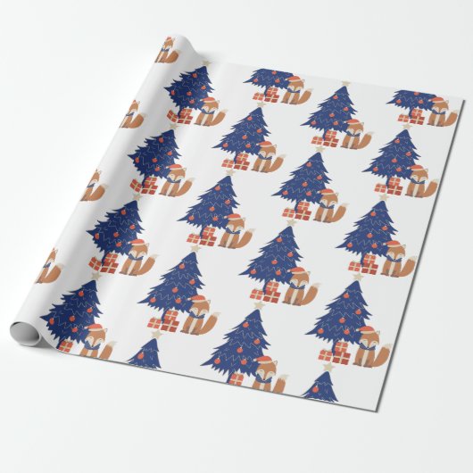 Papier Cadeau Retro Christmas Fox Illustration bleu rouge (Déroulé)