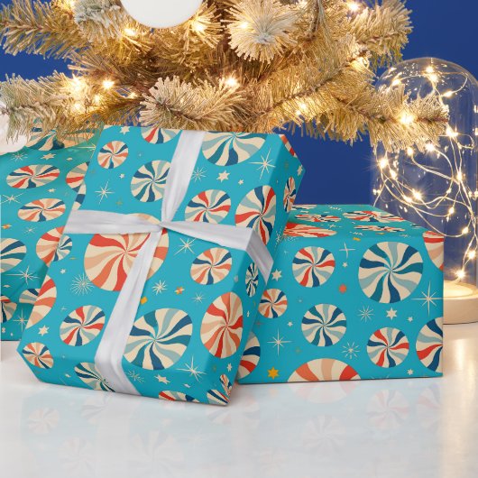 Papier Cadeau Retro Christmas Peppermint Candy Blue  (Vacances)