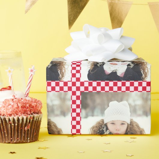 Papier Cadeau Retro Christmas Photo Collage Checkerboard Red (Fête d'anniversaire)