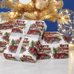 Papier Cadeau Retro Christmas Plaid Red Vintage Truck Watercolor
