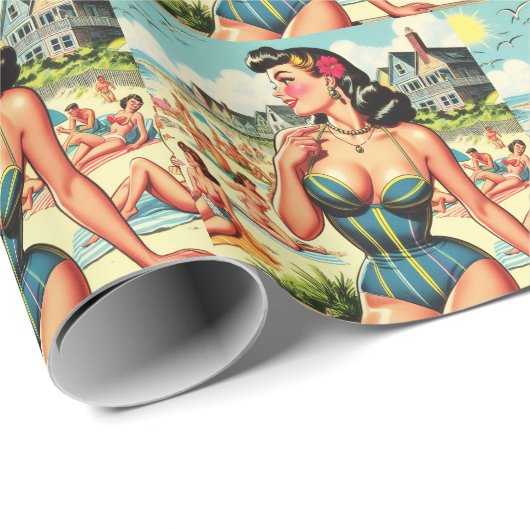 Papier Cadeau Retro Classic Beach Pin Up (Coin rond)
