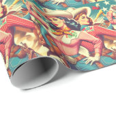 Papier Cadeau Retro Cowgirls Pin-ups (Coin rond)