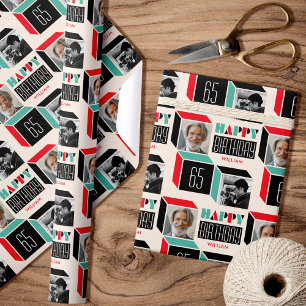 Papier Cadeau Retro Cube Photo moderne Anniversaire 65e Red Gree