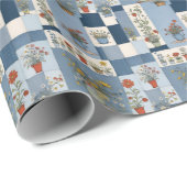 Papier Cadeau Retro Denim Patchwork avec Plantes (Coin rond)