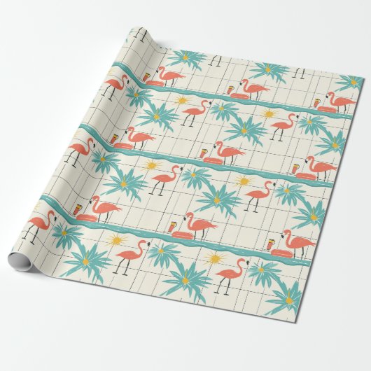 Papier Cadeau Retro Flamingo Poolside Summer Pattern (2) (Déroulé)