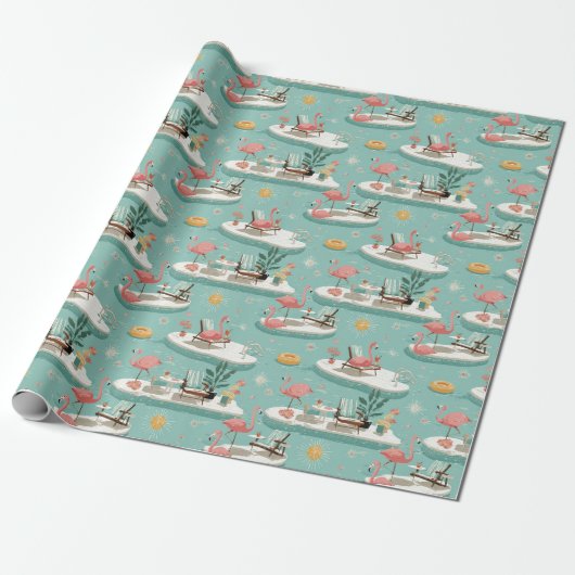 Papier Cadeau Retro Flamingo Poolside Summer Pattern (6) (Déroulé)