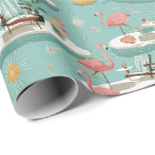 Papier Cadeau Retro Flamingo Poolside Summer Pattern (6) (Coin rond)