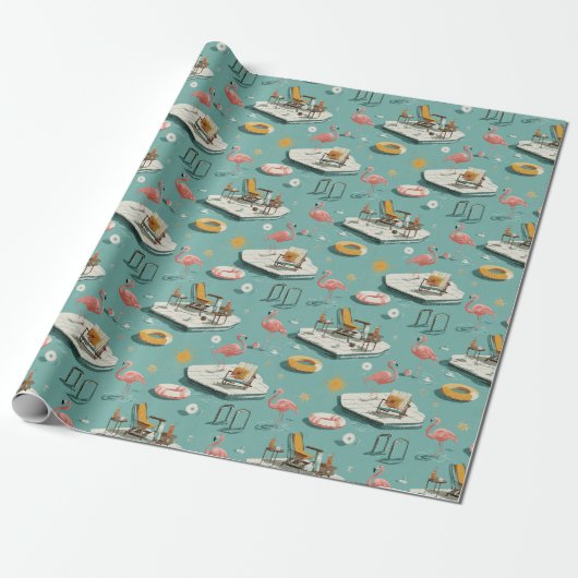 Papier Cadeau Retro Flamingo Poolside Summer Pattern (8) (Déroulé)