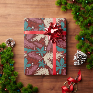 Papier Cadeau Retro Floral Noël Rouge Motif Turquoise