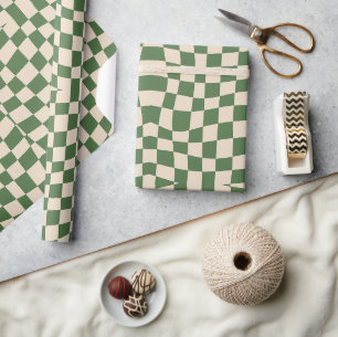 Papier Cadeau rétro funky mignon vert à carreaux ondulés