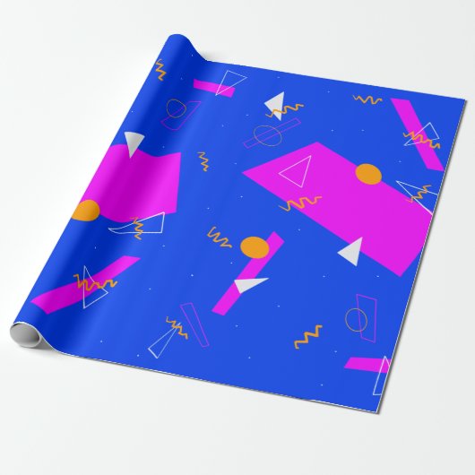 Papier Cadeau Retro géométrique 80s 90s Bleu et néon (Déroulé)