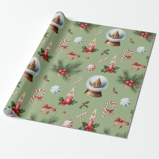 Papier Cadeau Retro Green Christmas Wrapping Paper (Déroulé)