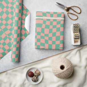 Papier Cadeau rétro groovy aqua rose à carreaux ondulés