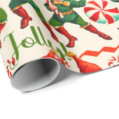 Papier Cadeau Retro Holly Jolly Elves de Noël (Coin rond)