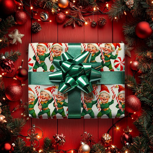 Papier Cadeau Retro Holly Jolly Elves de Noël