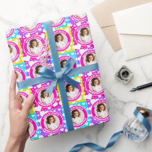 Papier Cadeau Retro Neon Reine des Coeurs Photo Anniversaire