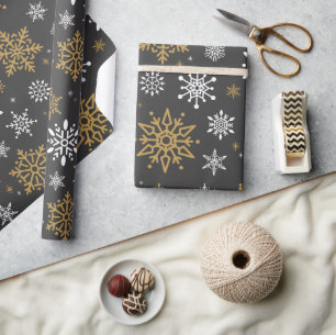 Papier Cadeau Retro Noël Blanc et or Neige Vintage