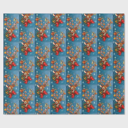 Papier Cadeau Retro Noël Reindeer Vacances (Plat)