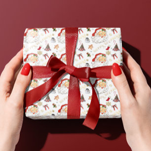 Papier Cadeau Retro Père Noël Blanc et Rouge Tout Noël
