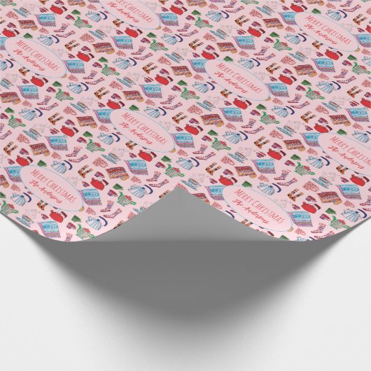 Papier Cadeau Retro Personnalisé Cosy Cute Pastel Rose Noël (Coin)