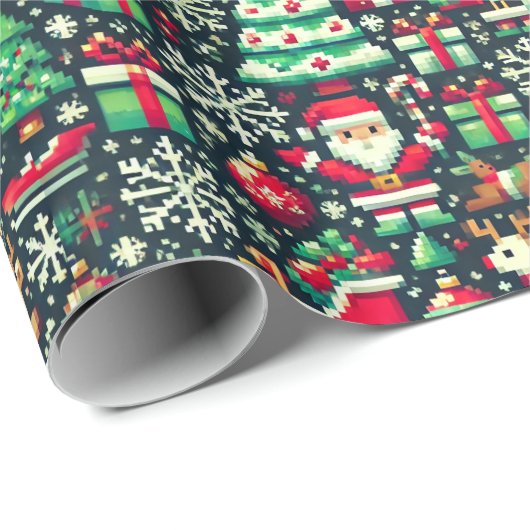 Papier Cadeau Retro Pixel Art Christmas Wrapping Paper (Coin rond)