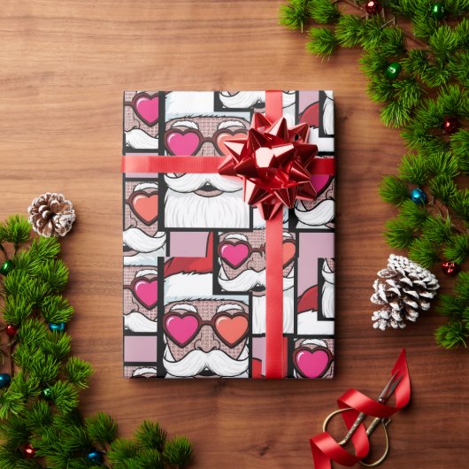 Papier Cadeau Retro Pop Art Santa Heart Glasses Comic Style (Cadeau de vacances)