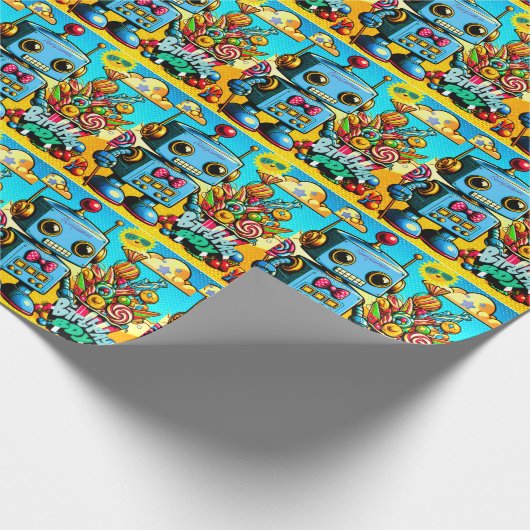 Papier Cadeau Retro Robot Birthday Boy personnalisable (Coin)