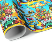 Papier Cadeau Retro Robot Birthday Boy personnalisable (Coin rond)