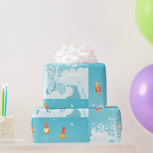 Papier Cadeau Retro Rocket Navire Lancement d'Art Spatial Futuri