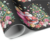 Papier Cadeau Retro rose Père Noël Coquette Noël mignonne Arbre (Coin rond)