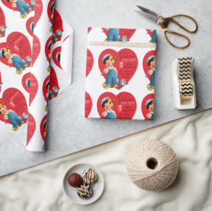 Papier Cadeau Retro Saint-Valentin, garçon pêcheur de cœurs vint