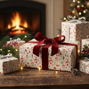 Papier Cadeau Retro Santa et rennes des années 1950 Noël de mili