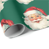 Papier Cadeau Retro Santa Face Christmas Green (Coin rond)