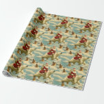 Papier Cadeau Retro Vintage Christmas : Père Noël Arctic Adventu<br><div class="desc">Cette image festive représente le Père Noël chevauchant un ours polaire à travers un ciel enneigé. Un troupeau d'oies du Canada vole au-dessus de la tête,  ajoutant à l'atmosphère hivernale. Un sapin de Noël et un panier emballé cadeau sont attachés à Père Noël en arrière.</div>