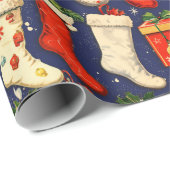 Papier Cadeau Retro Vintage Christmas stockings Blue (Coin rond)