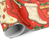 Papier Cadeau Retro Vintage Christmas stockings Red (Coin rond)