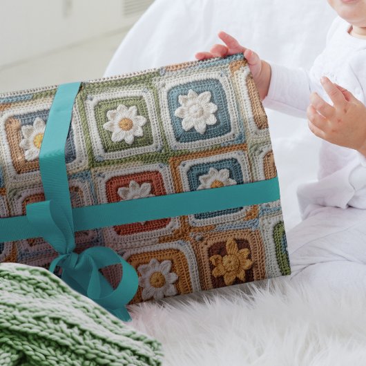 Papier Cadeau Retro Vintage Crochet Granny Carrés