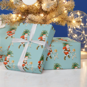 Papier Cadeau Retro Vintage Père Noël & Fille Noël