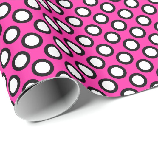 Papier Cadeau Rétros points cerclés, fuchsia, noir et blanc (Coin rond)
