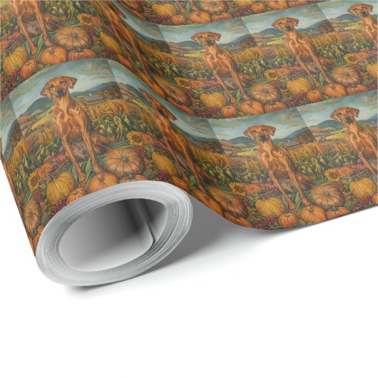 Papier Cadeau Rhodesian Ridgeback Automne Harvest Thankesgiving (Coin rond)