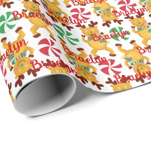 Papier Cadeau Rindeer Rouge et Vert Bonbons Nom personnalisé (Coin rond)