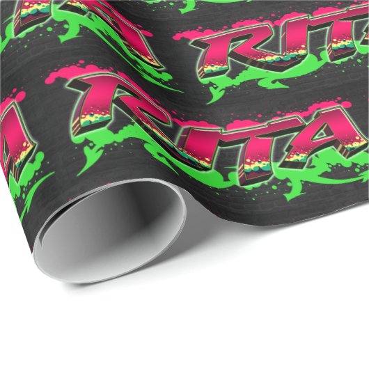 Papier Cadeau Rita prénom nom graffiti rouge vert (Coin rond)