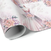 Papier Cadeau Robe de mariée et bouquets botaniques rose (Coin rond)